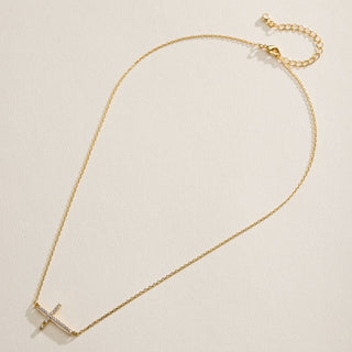 Crystal Cross Necklace – Dainty Sideways - Gold Filled