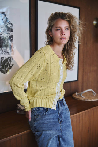 Pointelle Knit Cardigan Lace Trim Button Down