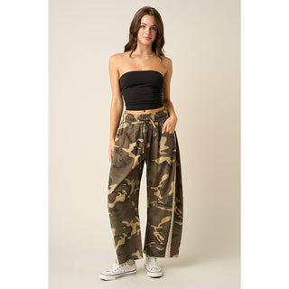 Camo Print Lace Trim Barrel Leg Pants – view 4 – Into The Palms