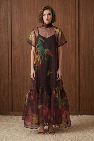 Botanical Print Sheer Overlay Tie-Neck Dress