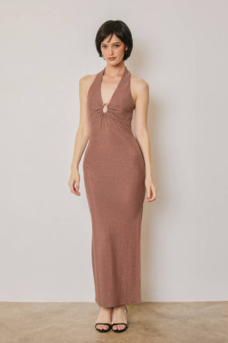 Monroe Metallic Gold Trim Halter Open Back Dress