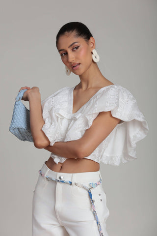 Embroidered Ruffle Crop Top