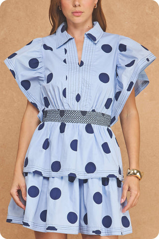 Top Stitch Statement Sleeve Polka Dot Mini Dress