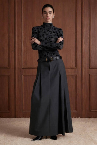 Belted Woven A-Line Maxi Skirt