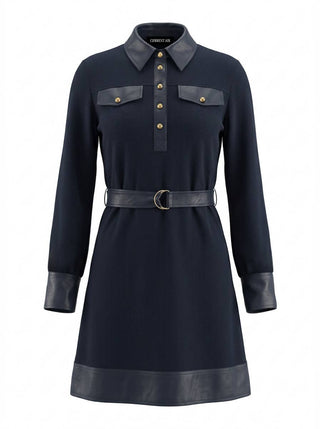 Polo Knit Mini Dress With Faux Leather Contrast