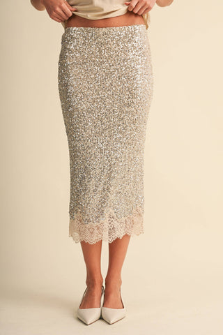 Sequin and Lace Midi Pencil Skirt