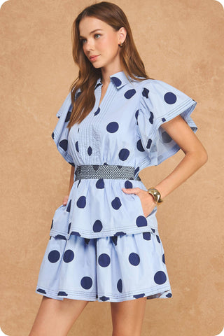 Top Stitch Statement Sleeve Polka Dot Mini Dress