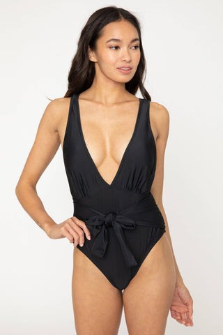 V Neck Tie Front or Back Black Swimsuit
