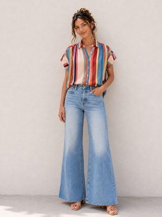 Multi Stripe Tencel Blend Button-Up Blouse