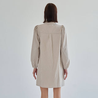 Back view of the Marguerite cream and mocha striped shirt dress with puff sleeves