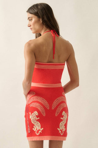 Tropical Jacquard-Knit Mini Halter Sweater Dress