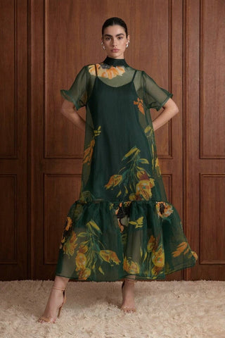 Botanical Print Sheer Overlay Tie-Neck Dress