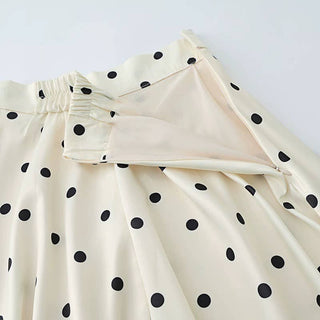 Ivory Polka Dot High Waist Satin A-Line Maxi Skirt