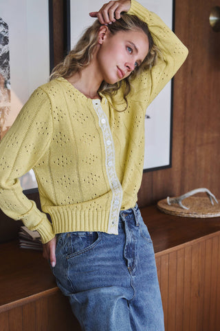 Pointelle Knit Cardigan Lace Trim Button Down