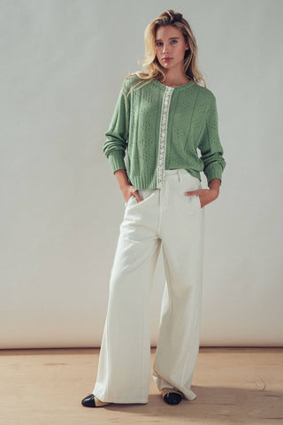 Pointelle Knit Cardigan Lace Trim Button Down