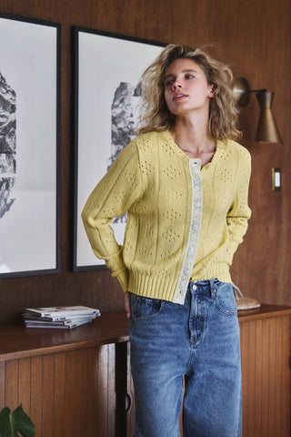 Pointelle Knit Cardigan Lace Trim Button Down