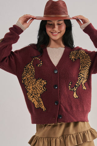 Tiger Jacquard Knit Sweater Cardigan