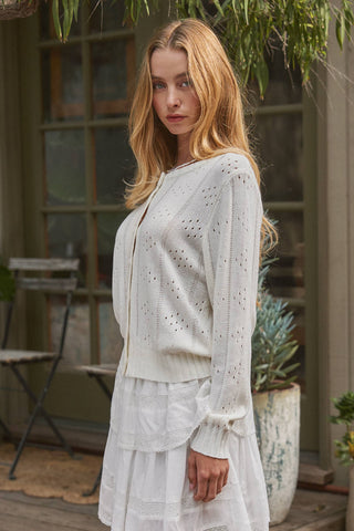 Pointelle Knit Cardigan Lace Trim Button Down