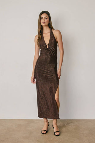 Monroe Metallic Gold Trim Halter Open Back Dress