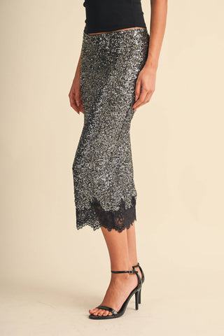 Sequin and Lace Midi Pencil Skirt