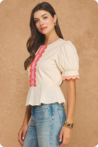 Scalloped Embroidery Detail Puff Sleeve Peplum Top