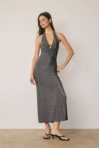 Monroe Metallic Gold Trim Halter Open Back Dress