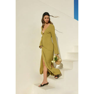 Ecru Escape Gold Trim Bell Sleeve Maxi Dress