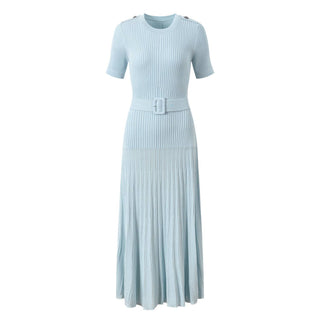 Ribbed Knit Belted Midi Dress Short Sleeve