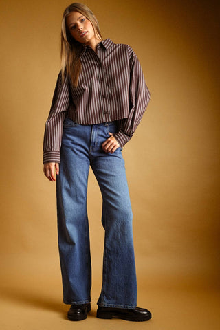 STRIPED BUTTON FRONT CROP SHIRT