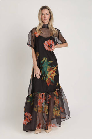 Botanical Print Sheer Overlay Tie-Neck Dress