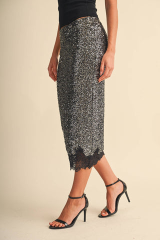 Sequin and Lace Midi Pencil Skirt