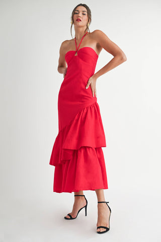 Ruffle Halter Maxi Linen Dress