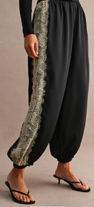 Noir Chantilly Satin and Lace Pants