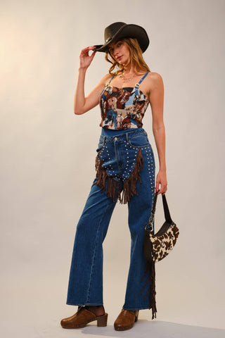 Horse Jacquard Lace-Up Corset Top