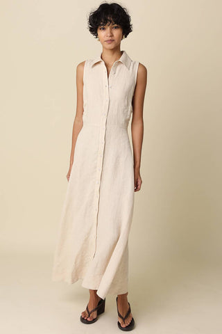 Aimme Button-Front Linen Maxi Dress – model view – Into The Palms boutique