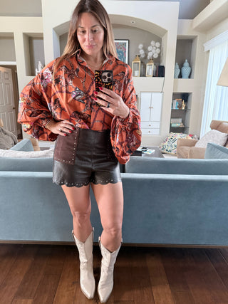 Wild Horses Draped Equestrian Satin Blouse