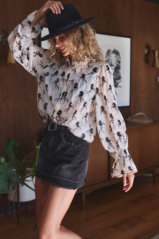 Western Horse Print Button Down Blouse Flared Cuff