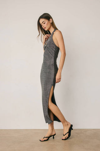 Monroe Metallic Gold Trim Halter Open Back Dress