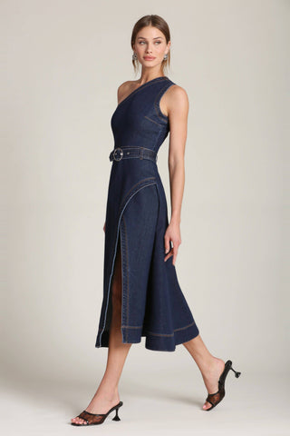 One Shoulder Belted Denim Midi Dress