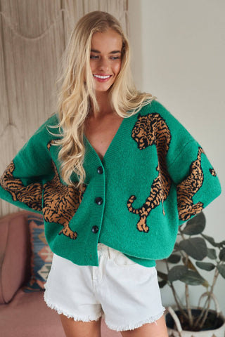 Tiger Jacquard Knit Sweater Cardigan