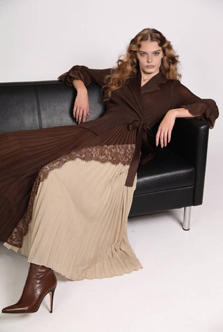 Rosaline Dual-Tone Pleated Lace-Trimmed Wrap Maxi Dress