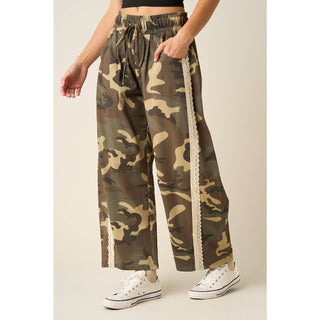 Camo Print Lace Trim Barrel Leg Pants – view 2 – Into The Palms
