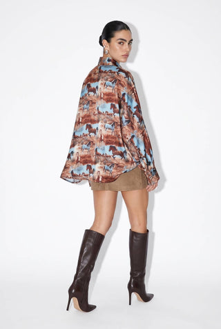 Equestrian Print Satin Oversized Blouse