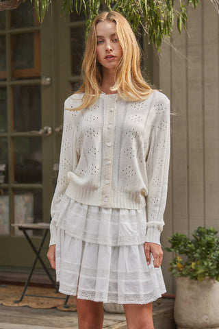 Pointelle Knit Cardigan Lace Trim Button Down