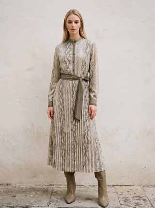 Serpentine Snakeskin Printed Pleated Shirt Midi Dress – Into The Palms women's boutique
