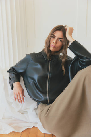 The Lizette Jacket | Pleather Drawstring Bomber Jacket