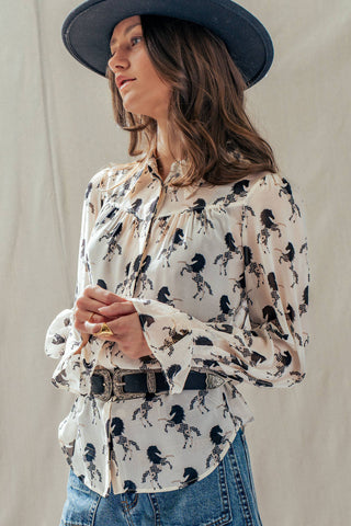 Western Horse Print Button Down Blouse Flared Cuff