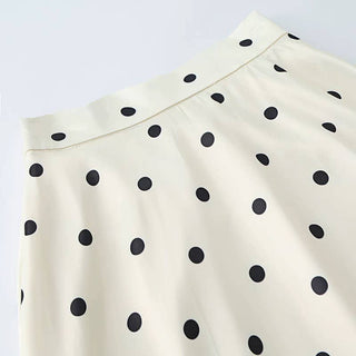 Ivory Polka Dot High Waist Satin A-Line Maxi Skirt
