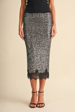 Sequin and Lace Midi Pencil Skirt