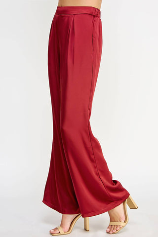 Front Pleat Wide Leg Satin Pants